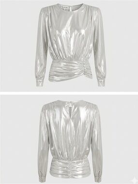 Vintage 80s Helene St Marie Metallic Silver Ruched Blouse